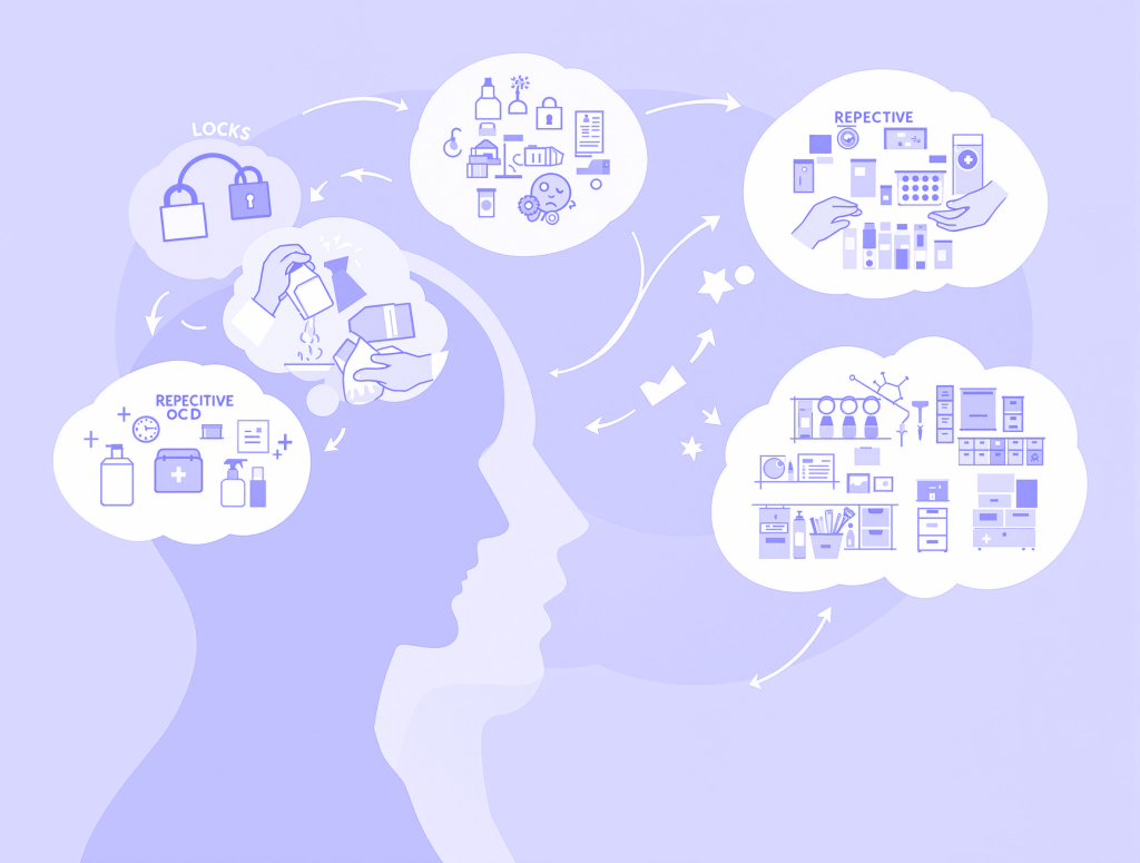 Blog 9 Ilustração sobre Perturbação Obsessivo-Compulsiva (POC) mostrando ciclo de pensamentos obsessivos e comportamentos compulsivos - tratamento psicológico Portugal